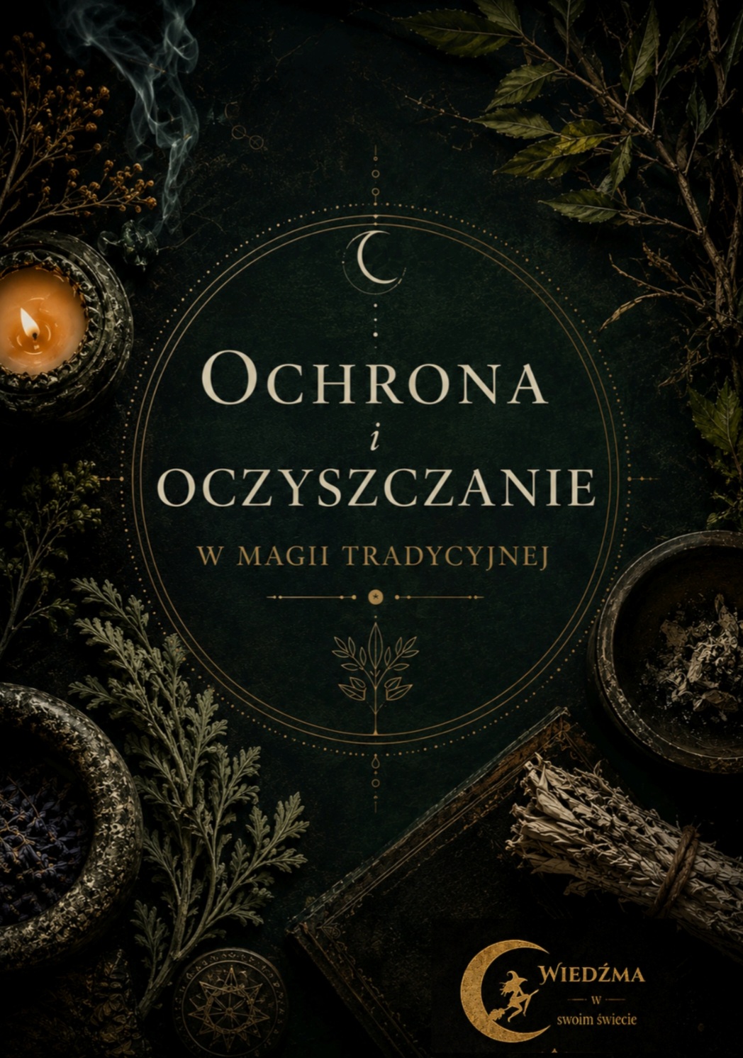 Okładka książki „Ochrona i oczyszczanie w magii tradycyjnej” z logo „Wiedźma w swoim świecie”, ozdobiona ziołami, świecą...